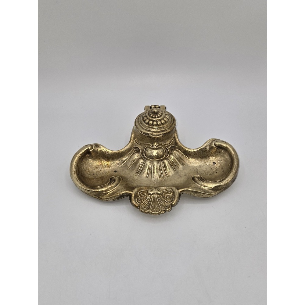 Rococo Revival Brass Inkwell Ornate Shell Scroll Hinged Lid